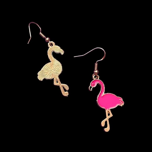 Hand Crafted Earrings Birthday Girl Flamingoes Nickel Free wires Gold Tone - Picture 5 of 8